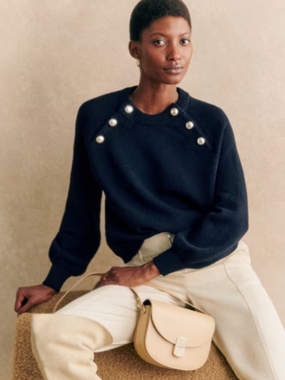 Sezane Loelie Pearl-Accent Navy cotton Sweater jumper made on Italy